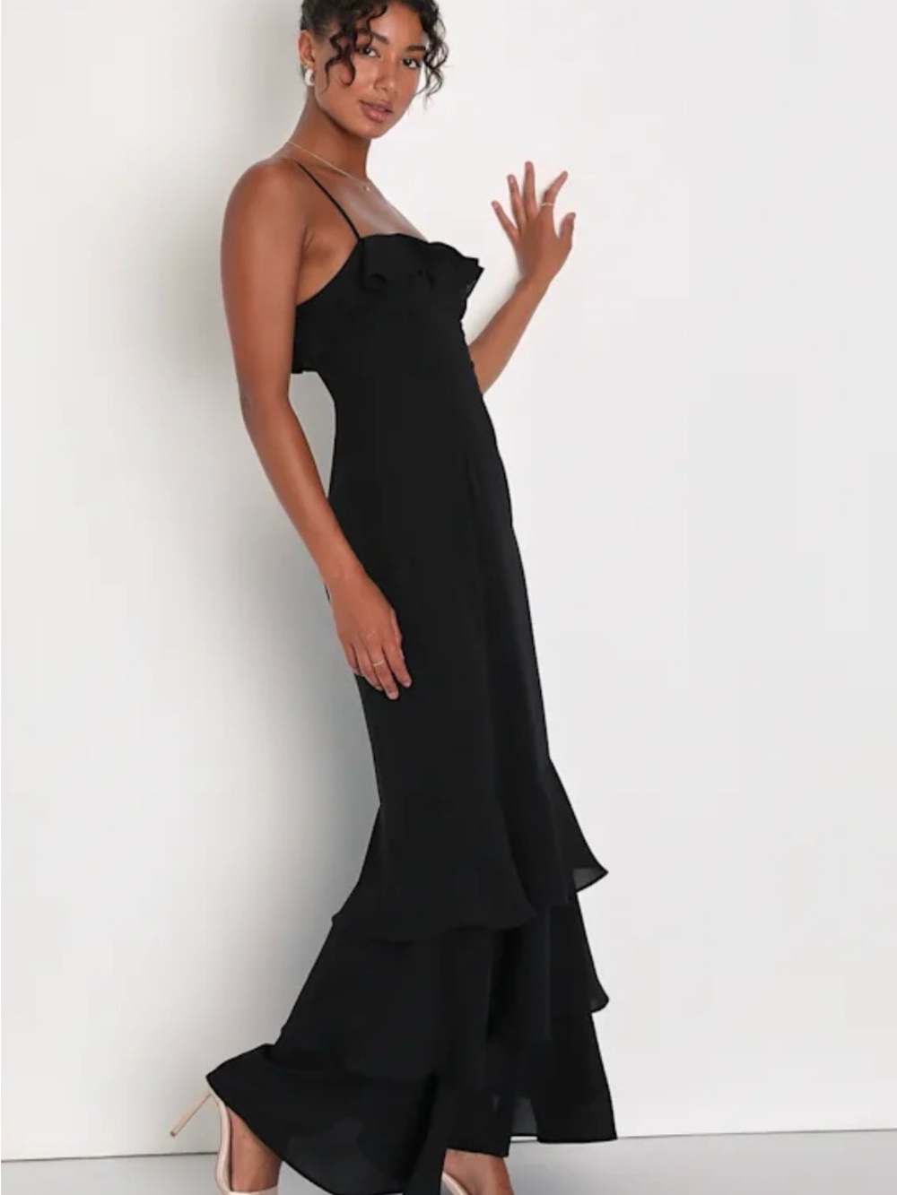 Lulu's Black Ruffle-Tier Maxi Dress with Spaghetti Straps